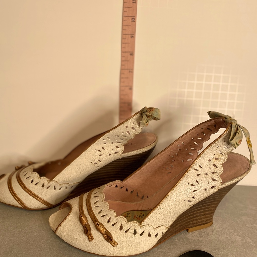 Kensie Cream and Brown Peep-Toe Wedge Sandals